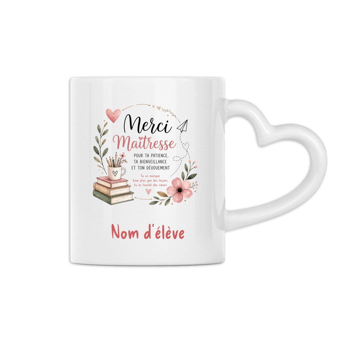 Mug Cœur Personnalisé "Merci Maîtresse" – Cadeau de Fin d’Année