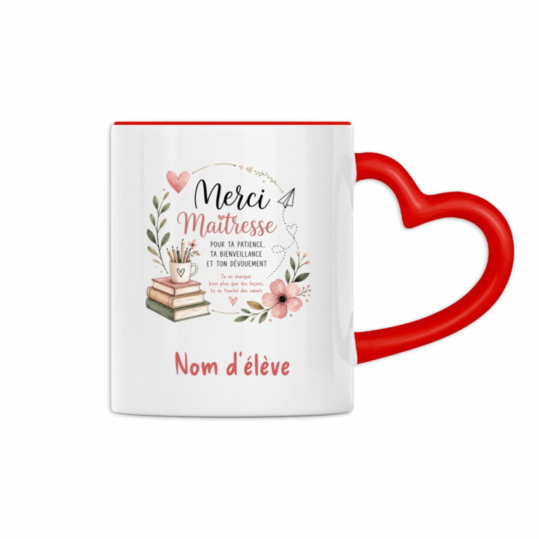 Mug Cœur Personnalisé "Merci Maîtresse" – Cadeau de Fin d’Année